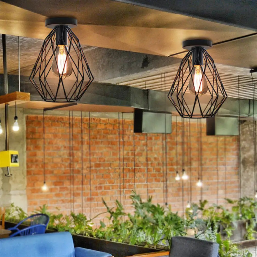 Retro Geometric Cage Ceiling Light: Stylish Iron Semi Flush Mount For Restaurants - Black Design /