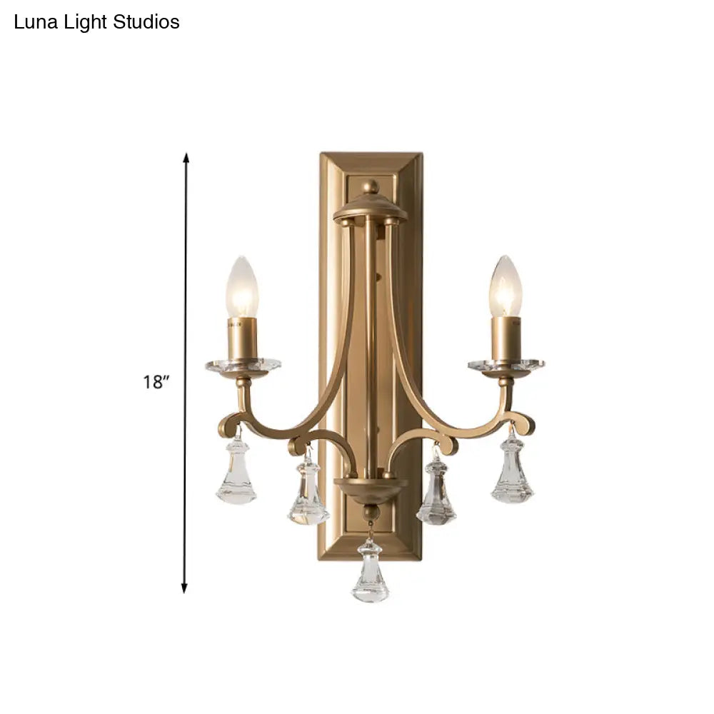 Retro Gold Crystal Wall Lamp With 2 Bulbs - Elegant Candelabra Light For Living Room