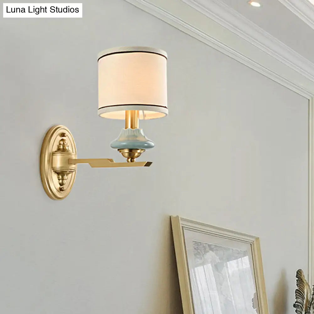Retro Gold Fabric Wall Sconce With Porcelain Cap - Cylindrical 1/2-Light Lamp For Porch