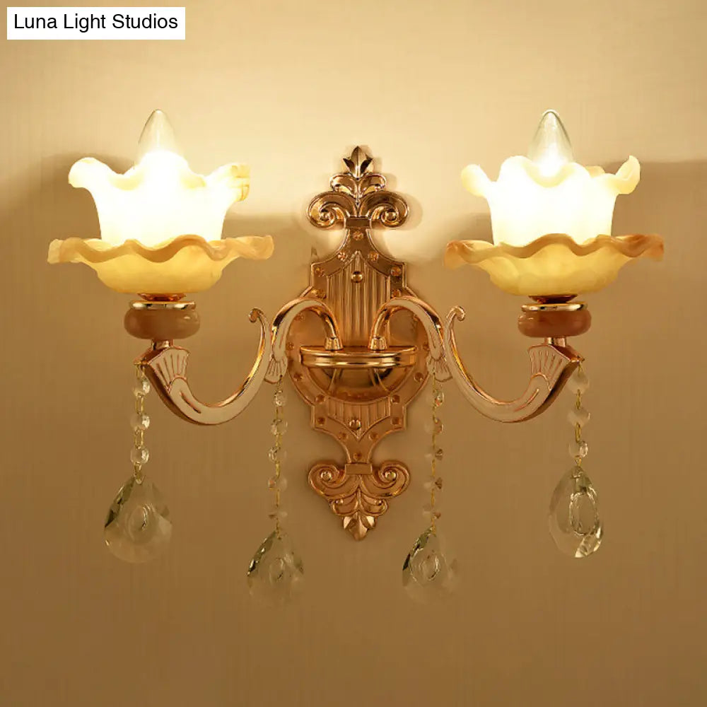 Retro Gold Wall Mount Light With Floral Glass Shade And Hanging Crystal Elegant Lighting