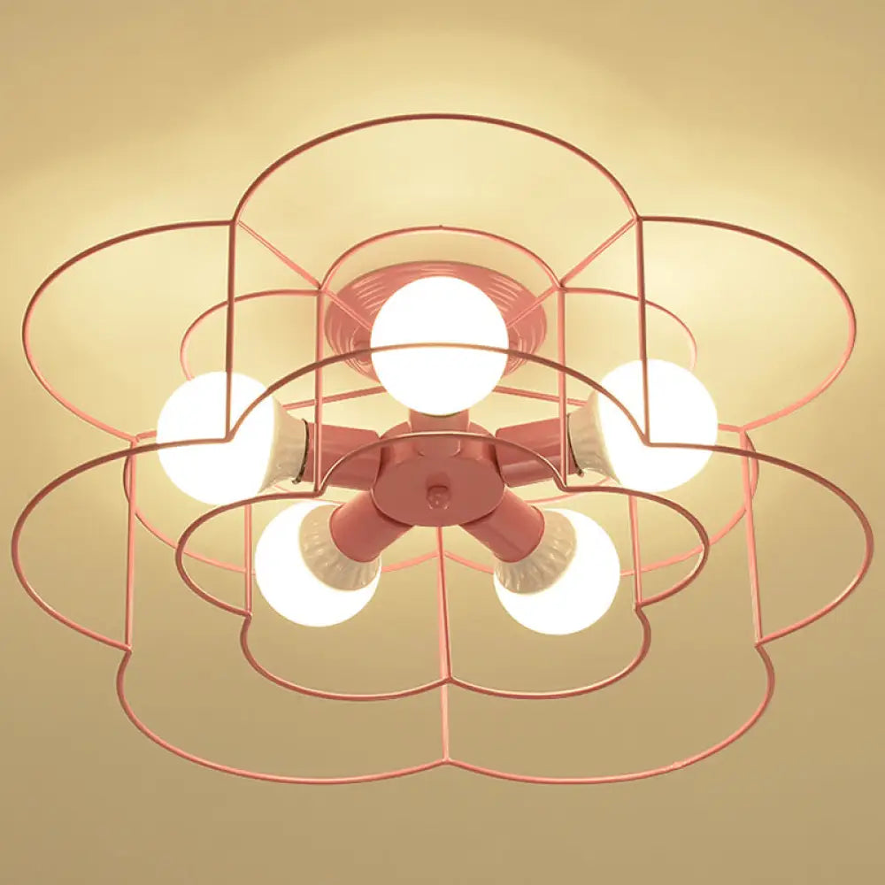 Retro Industrial Metal Ceiling Mounted Flower Semi Flush Light Fixture For Bedroom Pink