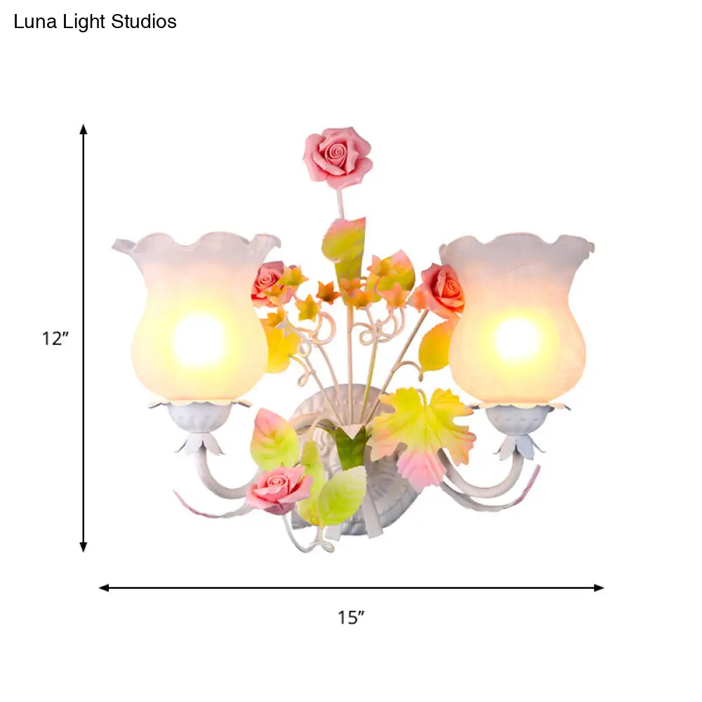 Retro Metal Flower Sconce Light With Glass Shade - Bedroom Wall Mounted Fixture 2 Heads And Bloom