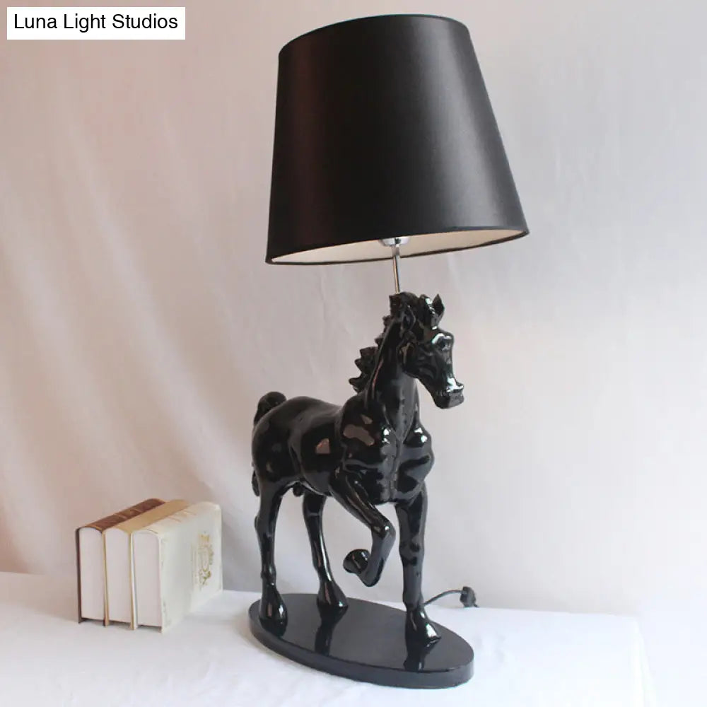Retro Resin Single Bedside Table Lamp With Black Steed Nightstand Light & Cone Fabric Shade