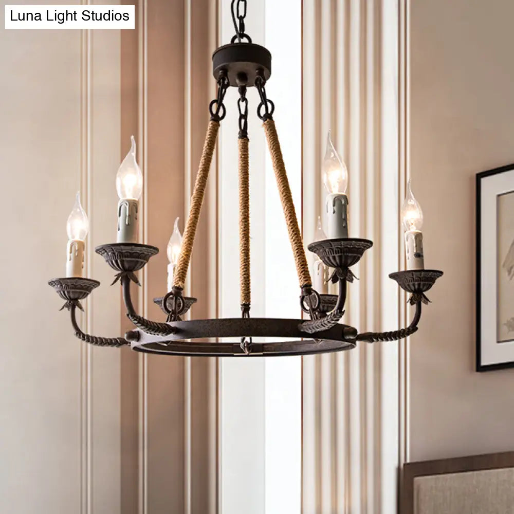 Retro Rustic Candelabra Chandelier With Hemp Rope Cord - Perfect For Living Room Pendant Lighting