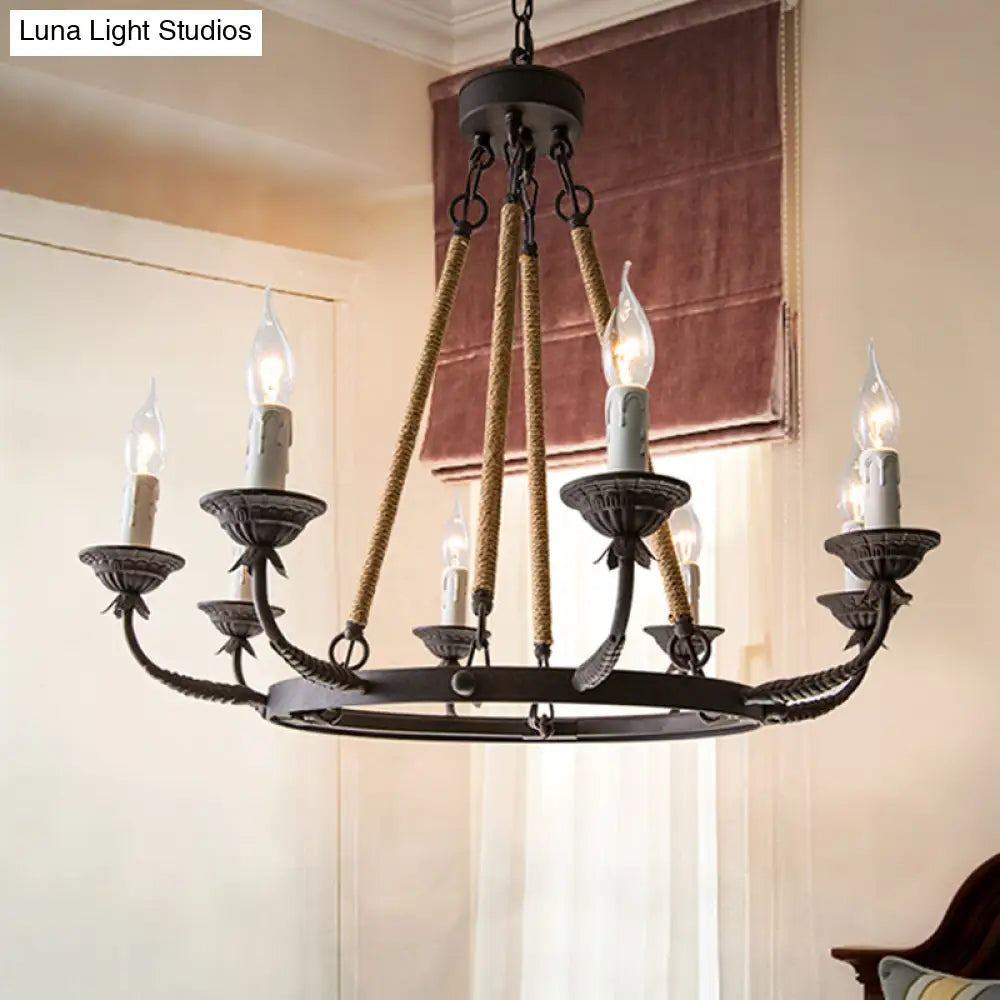 Retro Rustic Candelabra Chandelier With Hemp Rope Cord - Perfect For Living Room Pendant Lighting
