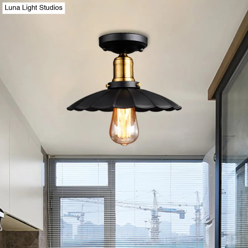 Retro Scalloped Edge Ceiling Light Fixture - Stylish 1 - Bulb Semi Flush In Metallic Black/White