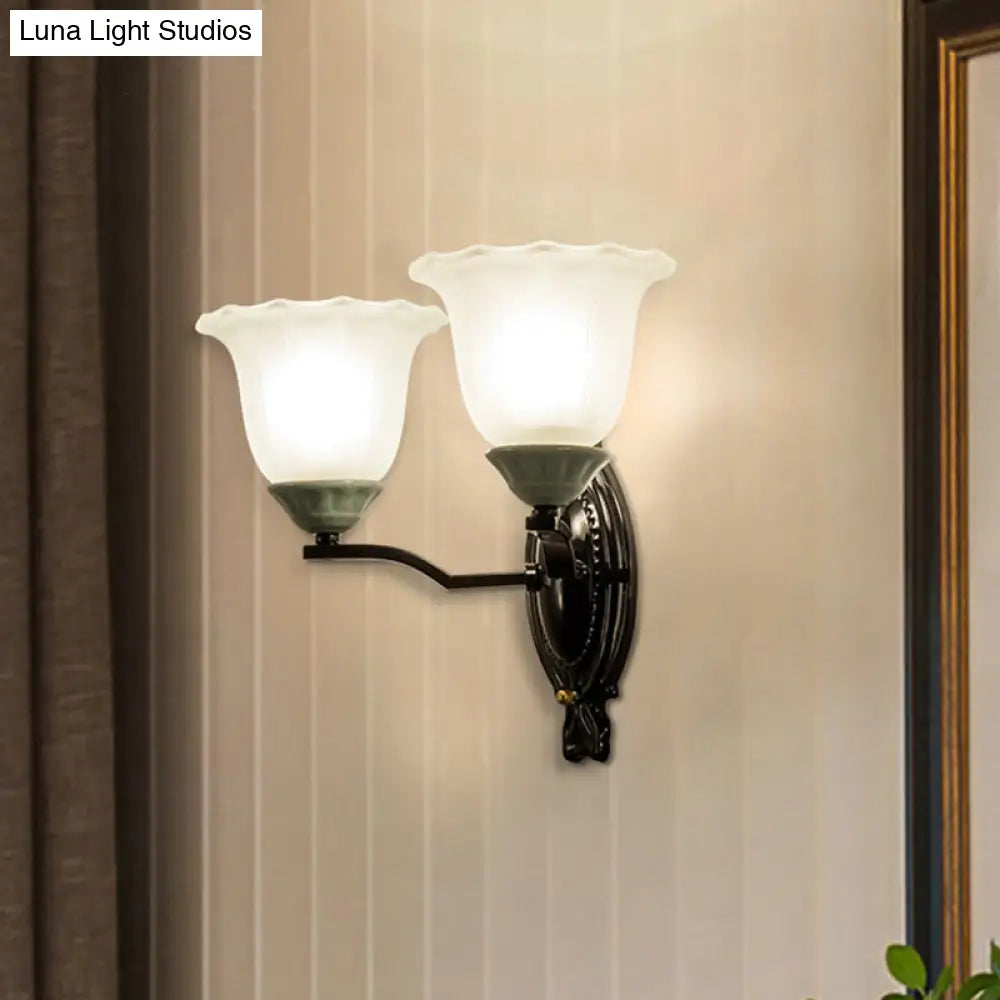 Retro Style Bedroom Wall Mount Lighting - 1/2-Light Sconce With Scalloped Bell Frosted Glass Shade