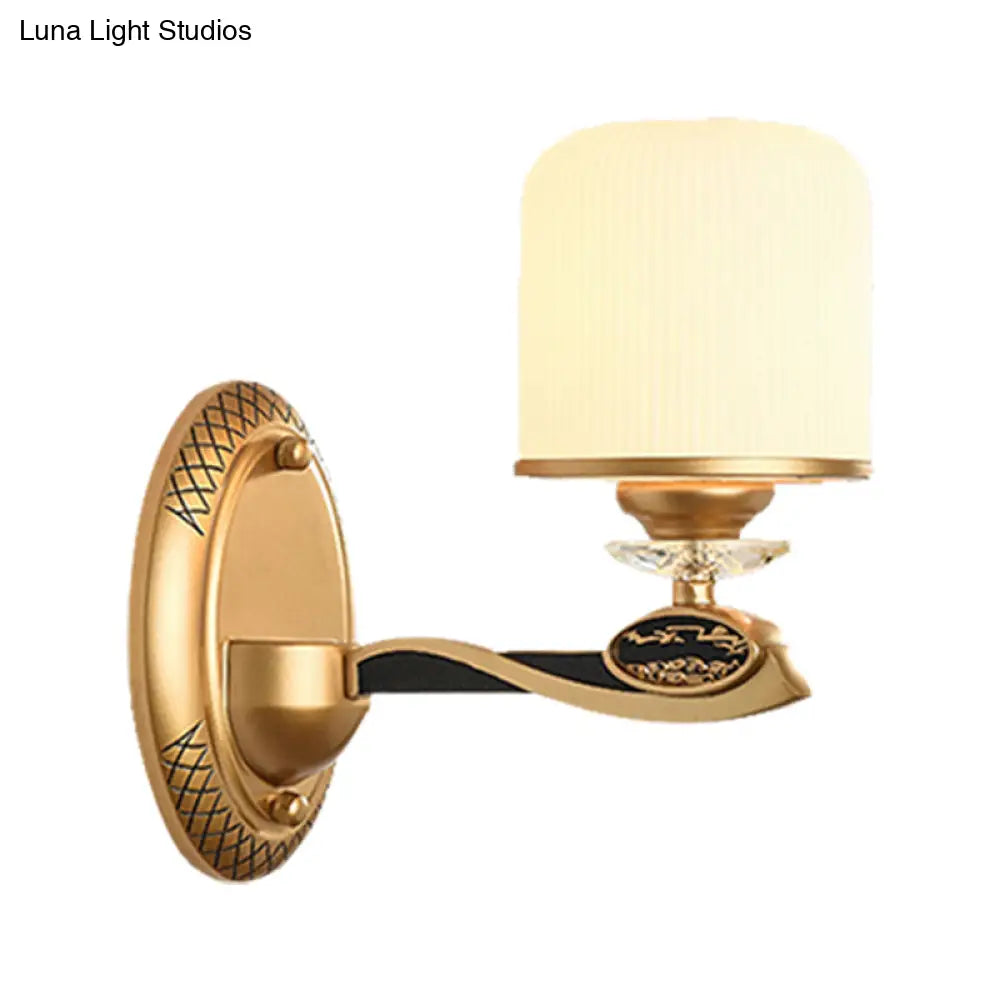 Retro Style Gold Cylinder Wall Sconce Light With Ribbed Glass - 1/2 Bulbs Bedside Lighting