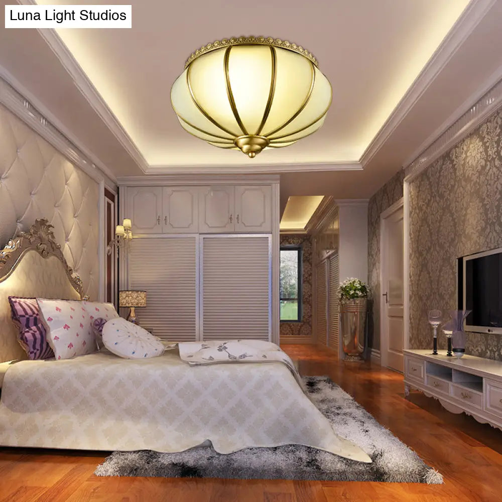 Retro White Glass Sphere Flush Mount Ceiling Light Fixture - 3 Brass Heads Ideal For Bedroom