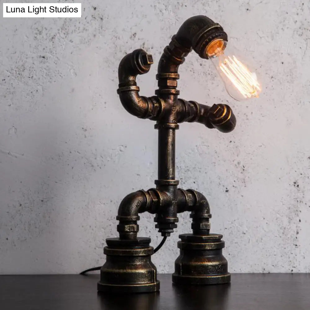 Robot Pipe Desk Lamp - Small Rustic Black Iron Night Table Light With Plug-In Cord