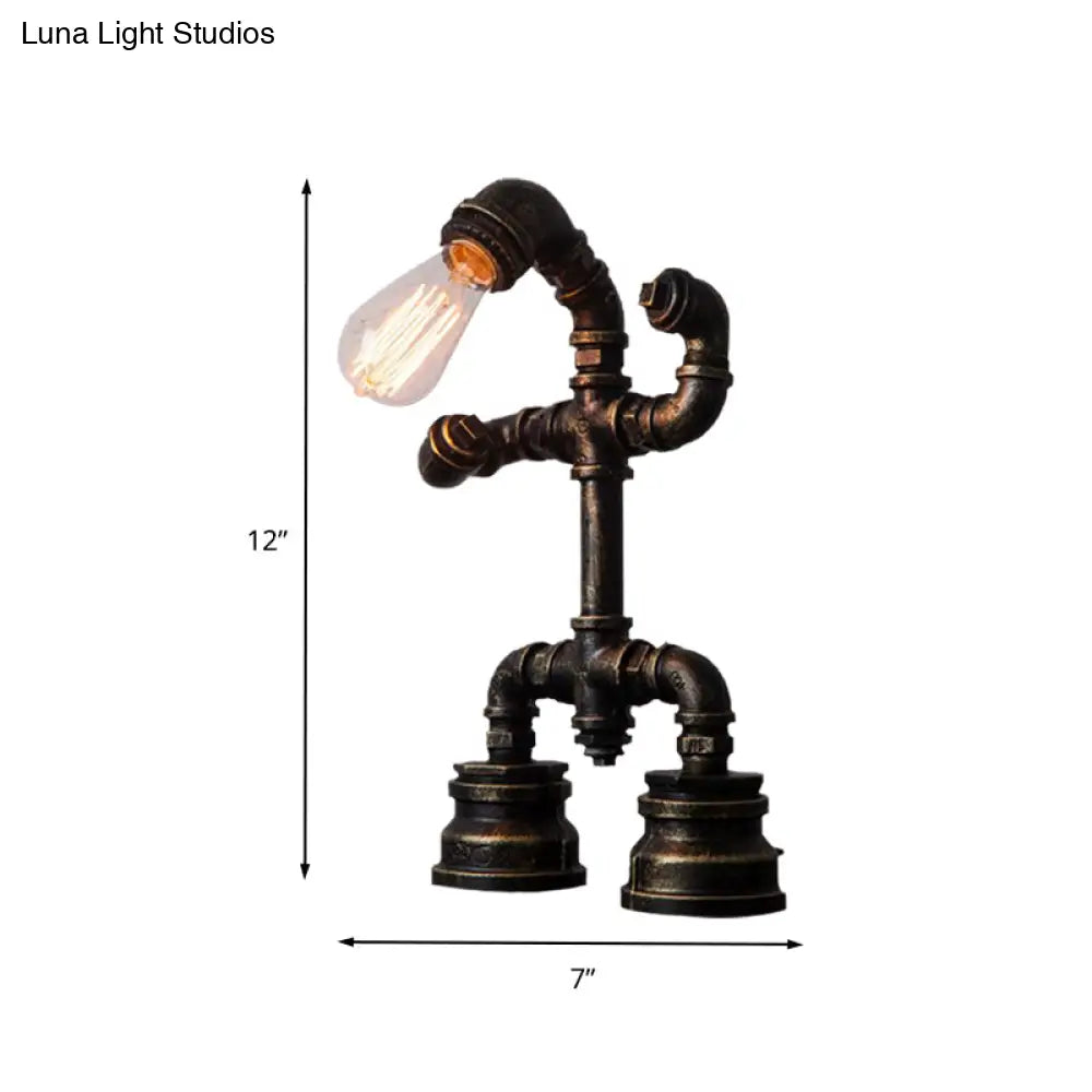 Robot Pipe Desk Lamp - Small Rustic Black Iron Night Table Light With Plug-In Cord