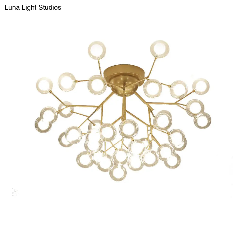 Romantic Gold Plant Semi Ceiling Mount Light For Hotels - Multi - Head Metal Glass Lamp
