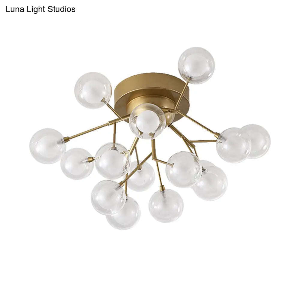 Romantic Gold Plant Semi Ceiling Mount Light For Hotels - Multi - Head Metal Glass Lamp