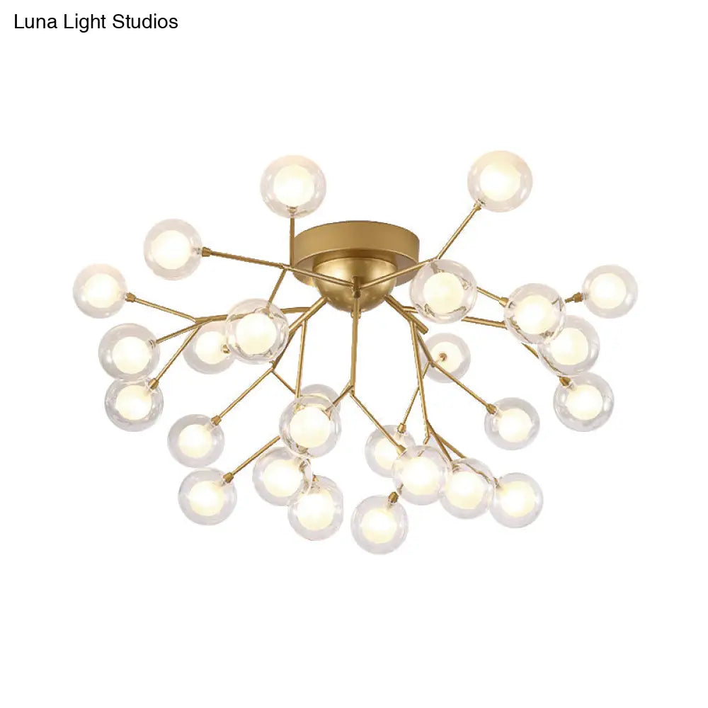 Romantic Gold Plant Semi Ceiling Mount Light For Hotels - Multi - Head Metal Glass Lamp