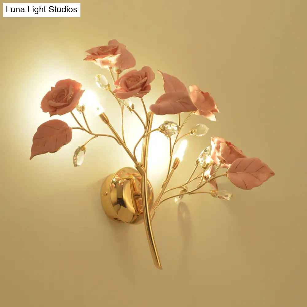 Romantic Red/White/Pink Rose Blossom Sconce With 2 Lights - Ceramic Wall Mount Lamp For Hotels
