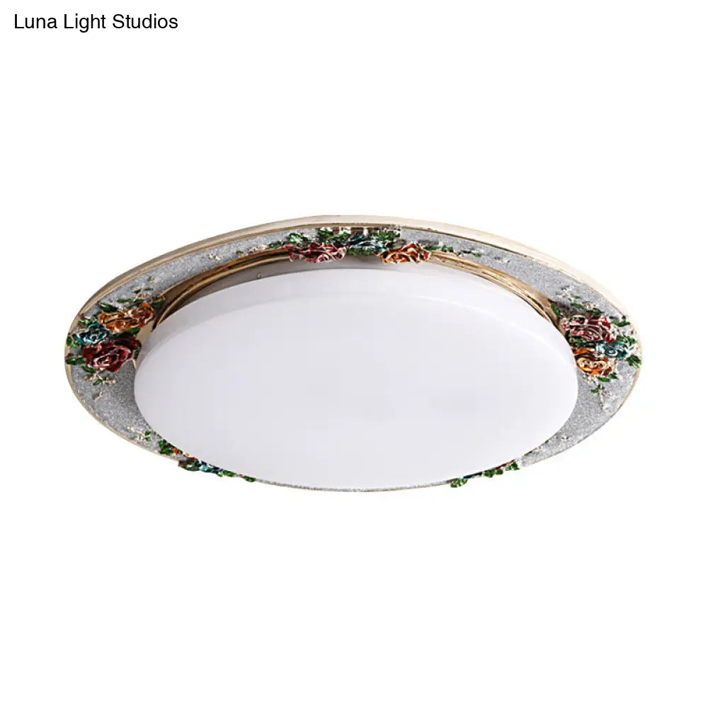 Rose Round Handcrafted Resin Led Ceiling Light For Retro Bedrooms In Beige/Green/Silver Grey