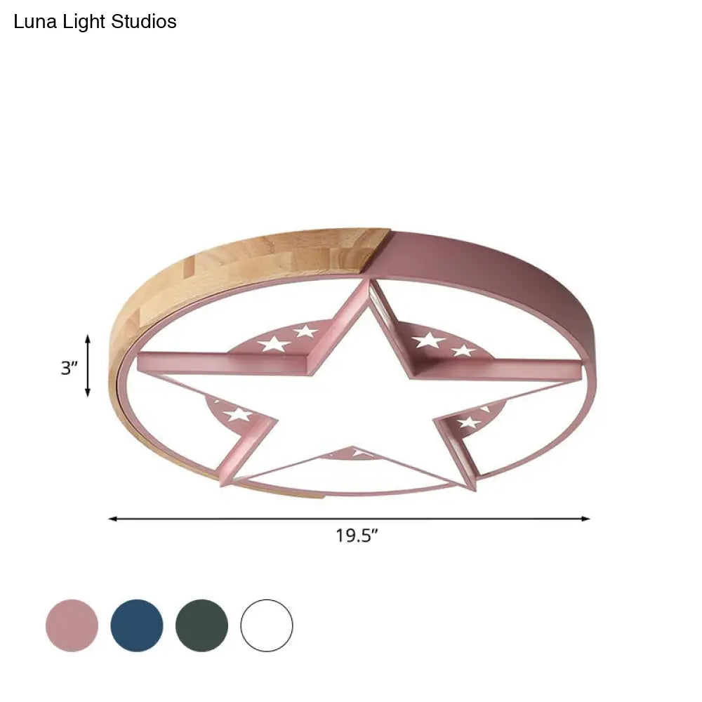 Round Metal Led Macaron Flush Mount Ceiling Light In White/Pink/Blue And Wood For Star - Themed
