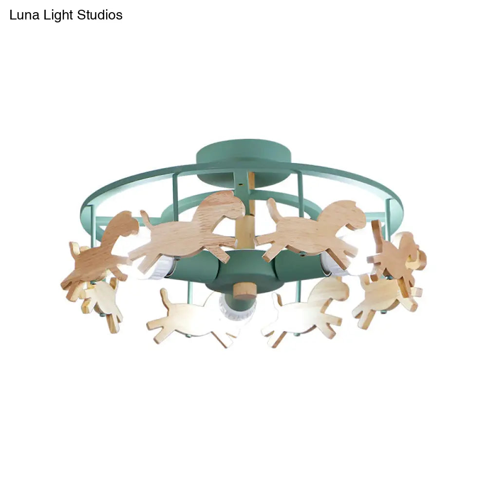 Round Semi - Flush Ceiling Light Macaroon 3 - Bulb Grey/White/Green - Wooden Horse Design