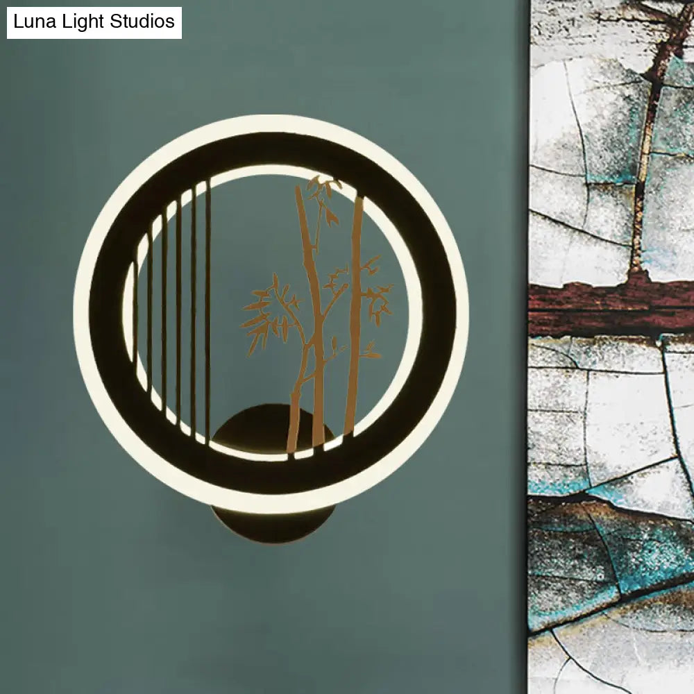 Round Wall Mounted Led Light With Acrylic Shade - Black Plum Tree/Bamboo Design
