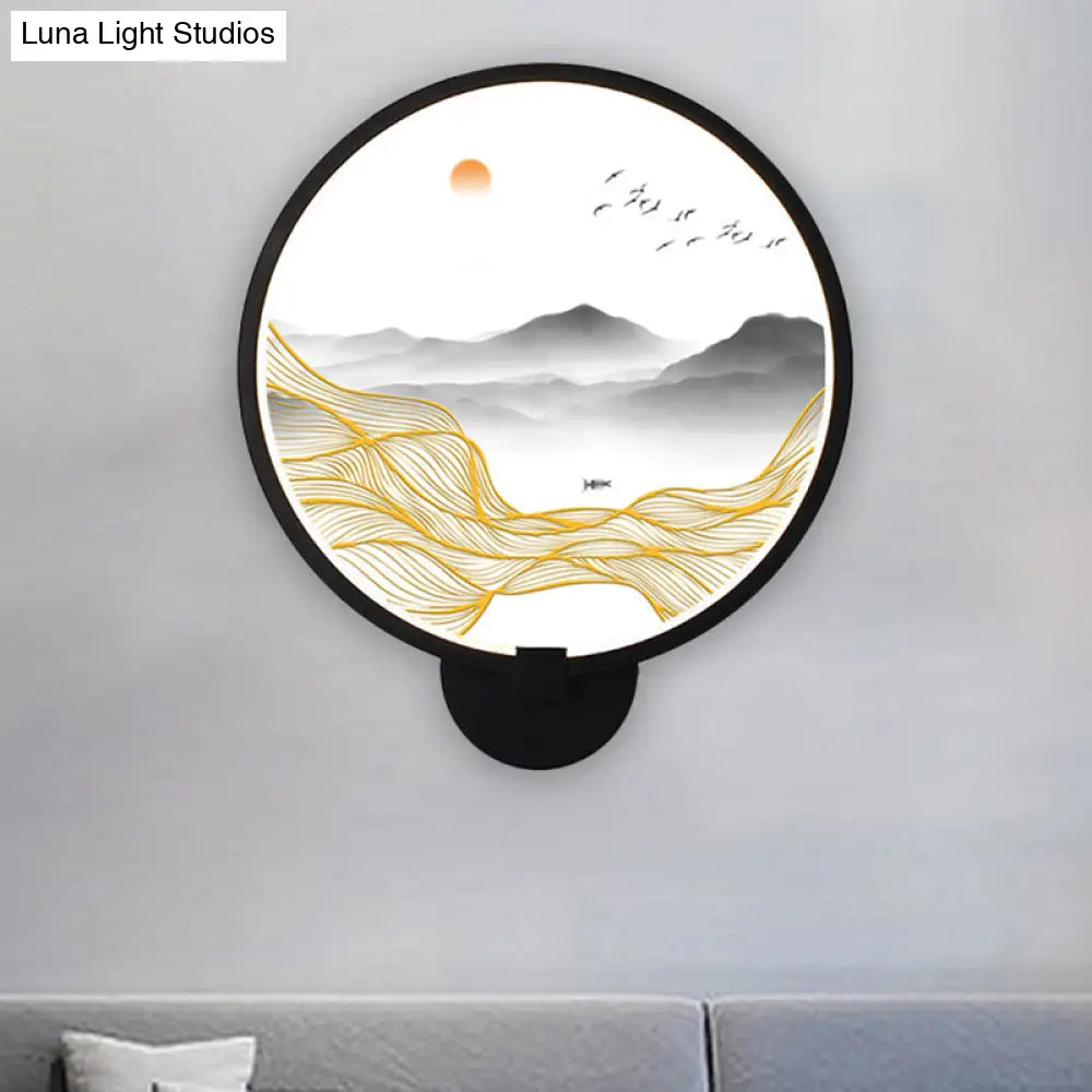 Rounded Natural Scenery Mural Acrylic Led Wall Mounted Light In Black - Asia Style