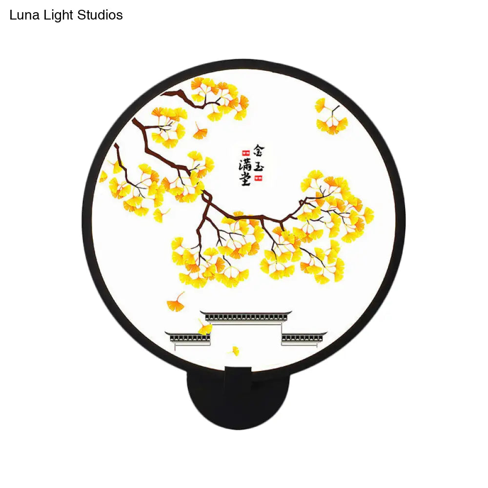 Rounded Natural Scenery Mural Acrylic Led Wall Mounted Light In Black - Asia Style