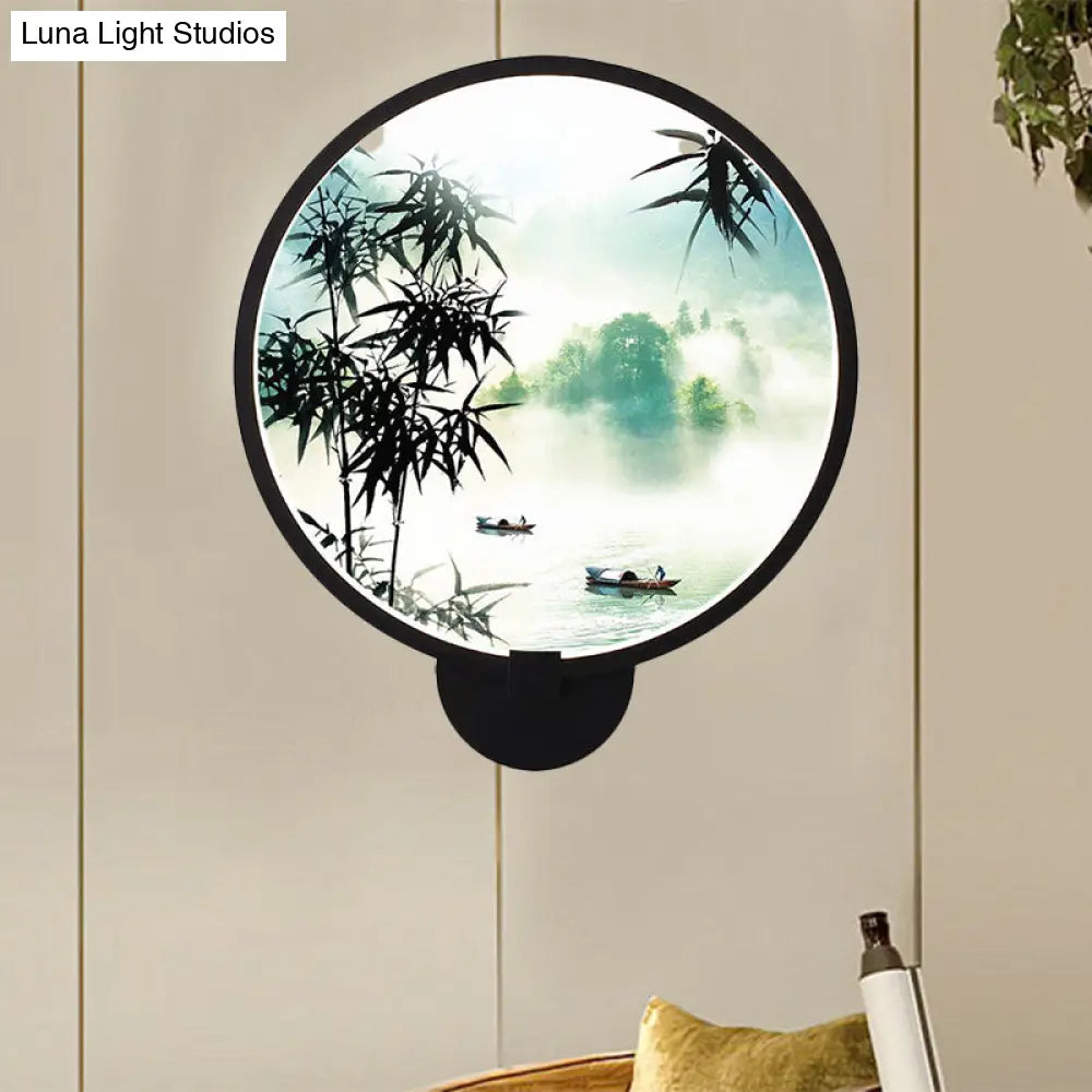 Rounded Natural Scenery Mural Acrylic Led Wall Mounted Light In Black - Asia Style