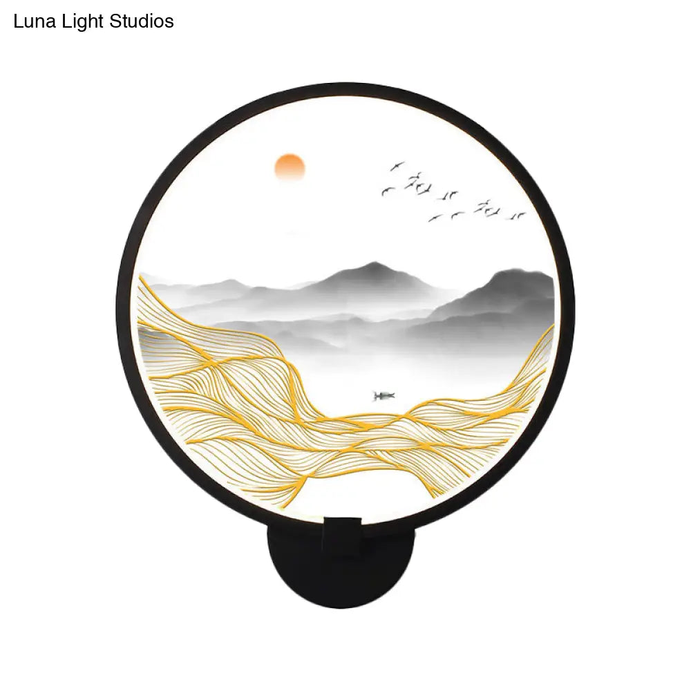 Rounded Natural Scenery Mural Acrylic Led Wall Mounted Light In Black - Asia Style