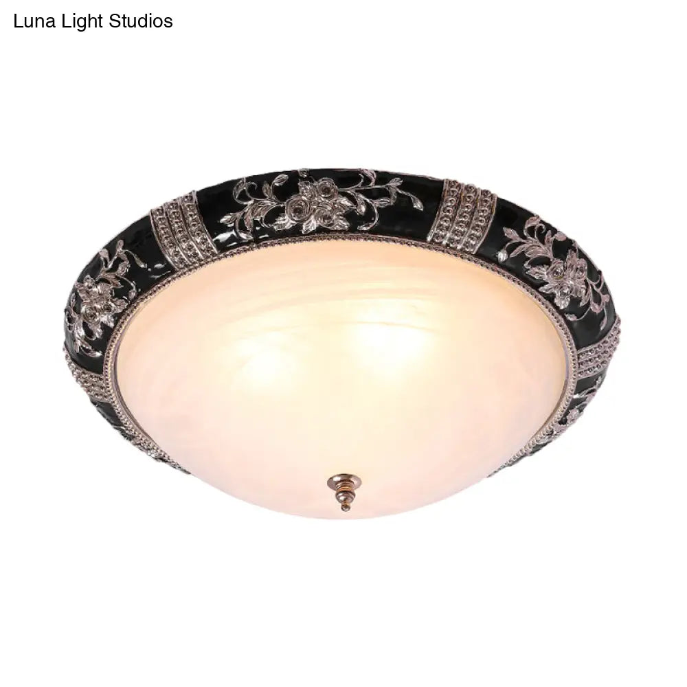 Rural Black Domed Flush Mount Lamp With Frosted Glass Ceiling And Leave/Flower Deco 3 - Light