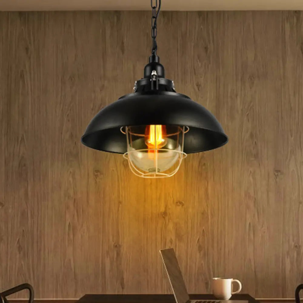 Rustic 1-Light Bistro Hanging Lamp - 12’/16’ Metal Pendant Lighting With Wire Cage And Clear