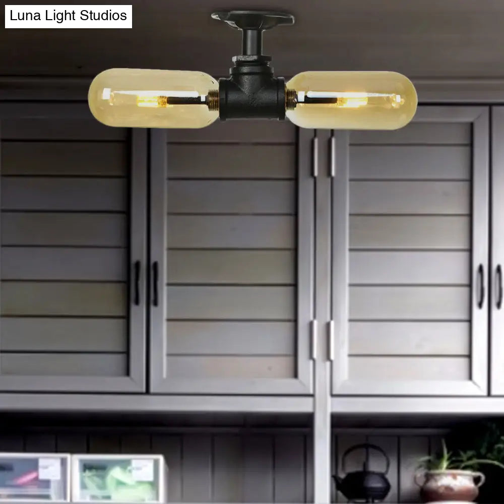 Rustic 2 - Bulb Amber Glass Semi Mount Ceiling Light In Matte Black - Dining Room Lighting With