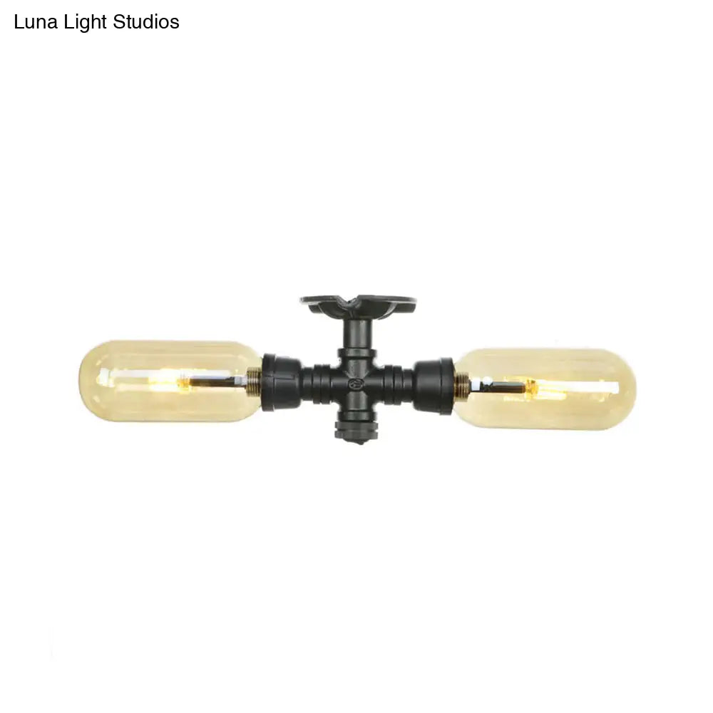 Rustic 2 - Bulb Amber Glass Semi Mount Ceiling Light In Matte Black - Dining Room Lighting With