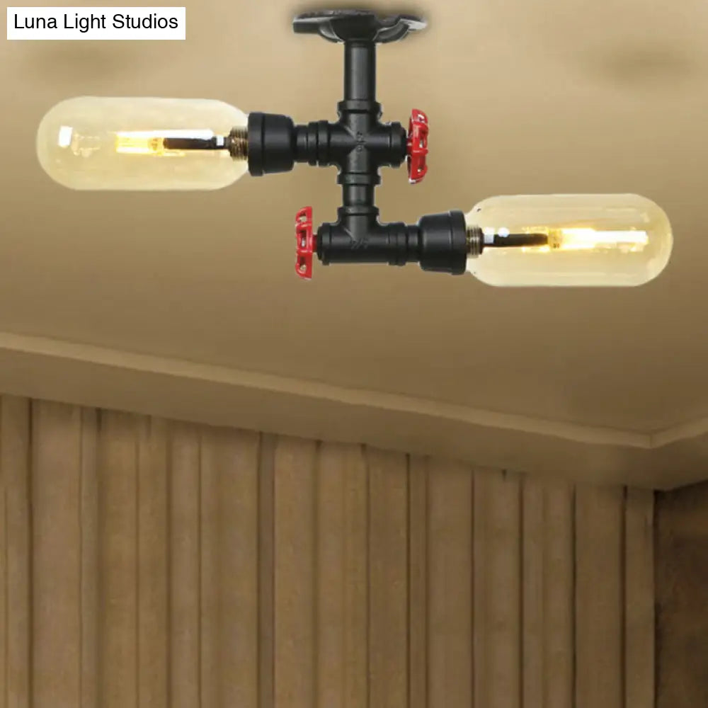 Rustic 2 - Bulb Amber Glass Semi Mount Ceiling Light In Matte Black - Dining Room Lighting With