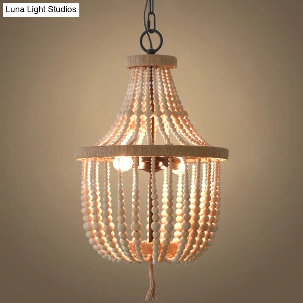 Rustic 2-Head Wood Pendant Chandelier: Handcrafted Beaded Basket Lamp For Restaurants