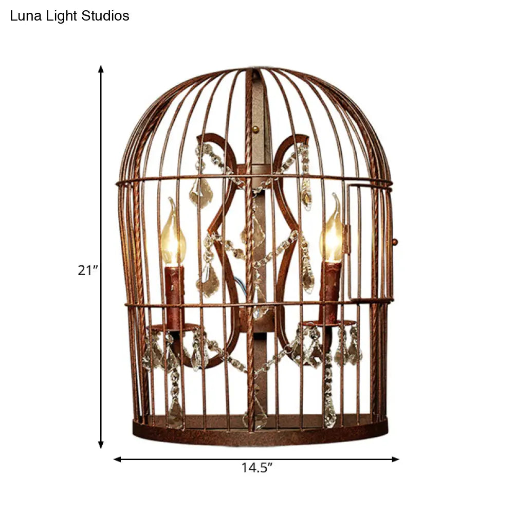 Rustic 2-Light Birdcage Wall Sconce With Crystal Drops For Living Room