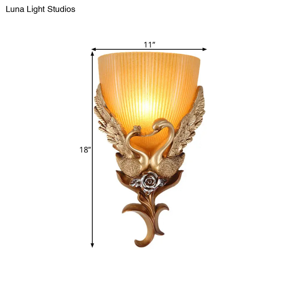 Rustic Amber Glass Wall Sconce With Swan And Flower Design - Gold Single Head Tapered Lighting