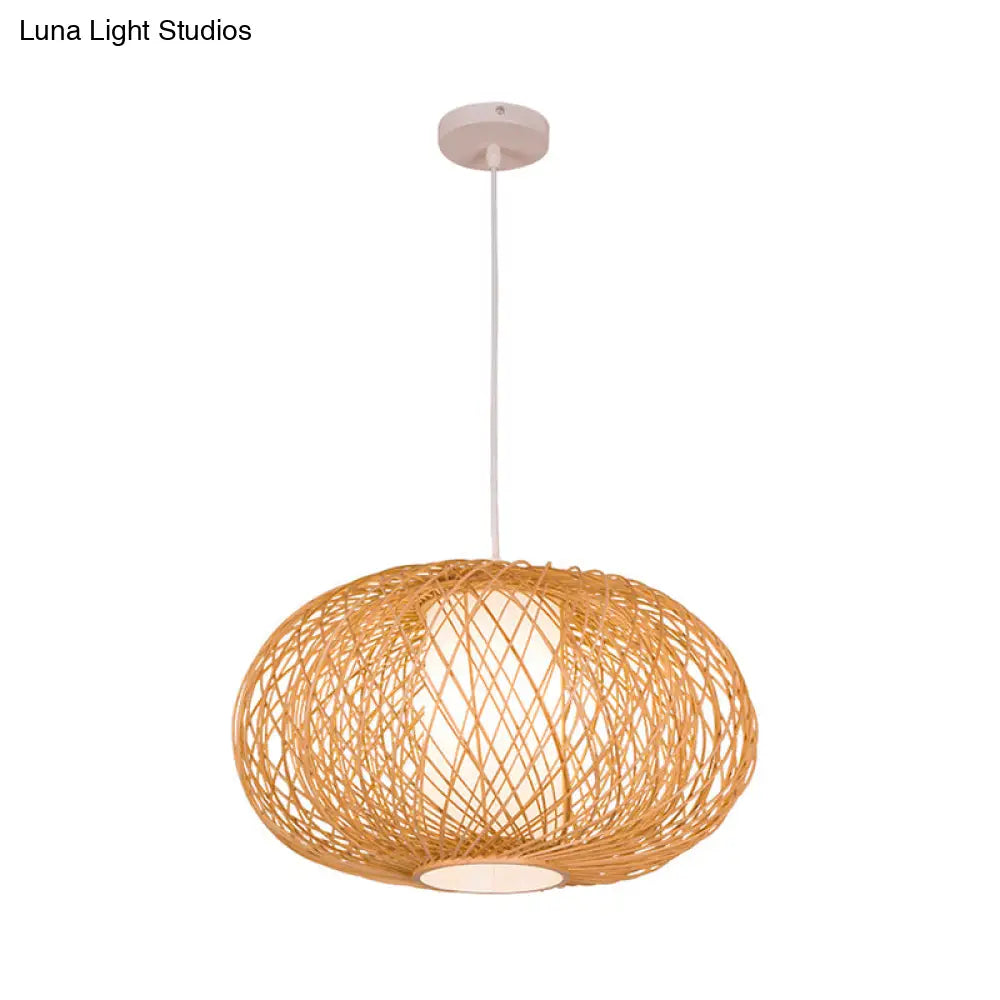 Rustic Bamboo Lantern Pendant Light For Teahouse - Wooden Ceiling Lamp With 1 Bulb