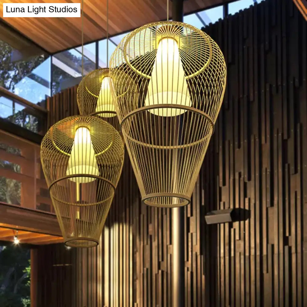Rustic Bamboo Pendant Light With Cone Shade - Single-Bulb Lighting Fixture In Beige