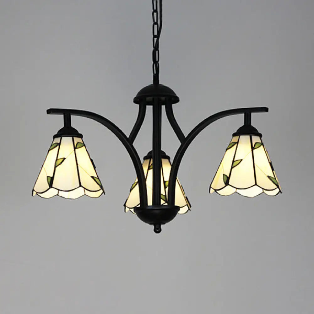 Rustic Black Chandelier Lighting With Blue/Green Leaf Design - 3 Lights 16’’ Metal Chain Hang