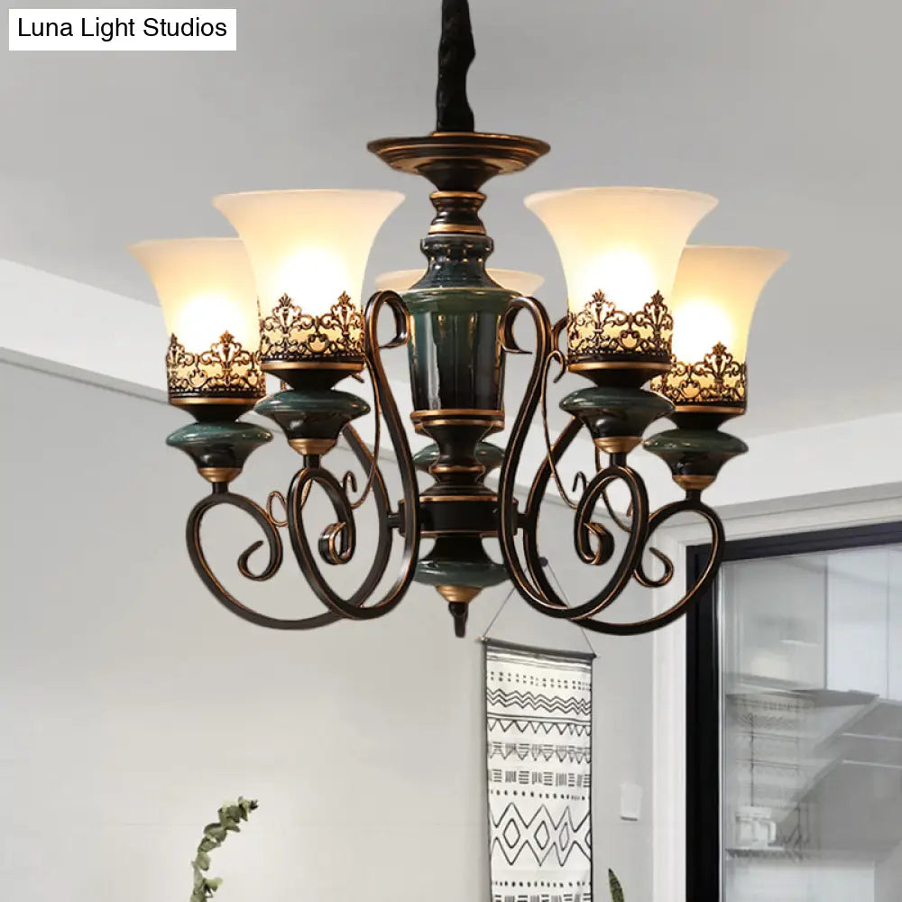Rustic Black-Gold Chandelier With Bell Shade And Opal Glass Perfect For Guest Rooms (3/5/6-Bulb)