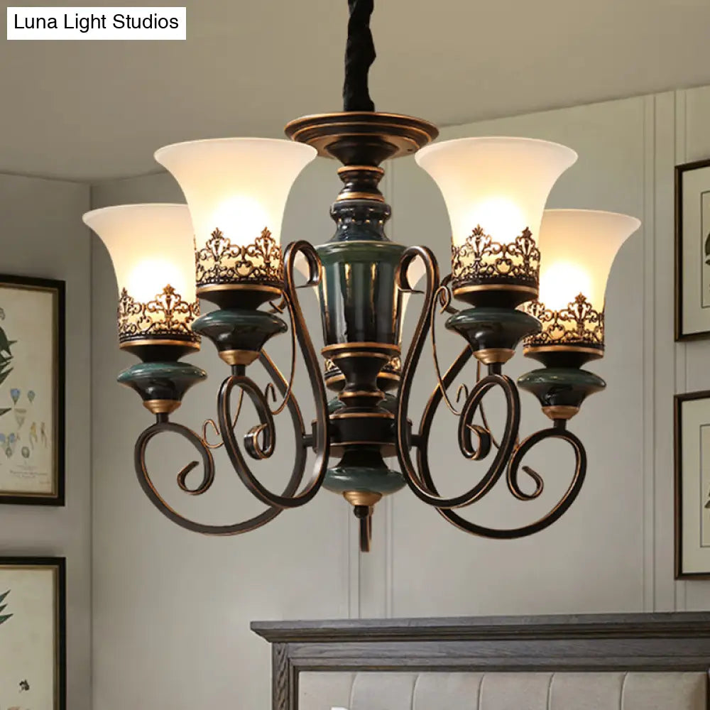 Rustic Black-Gold Chandelier With Bell Shade And Opal Glass Perfect For Guest Rooms (3/5/6-Bulb)