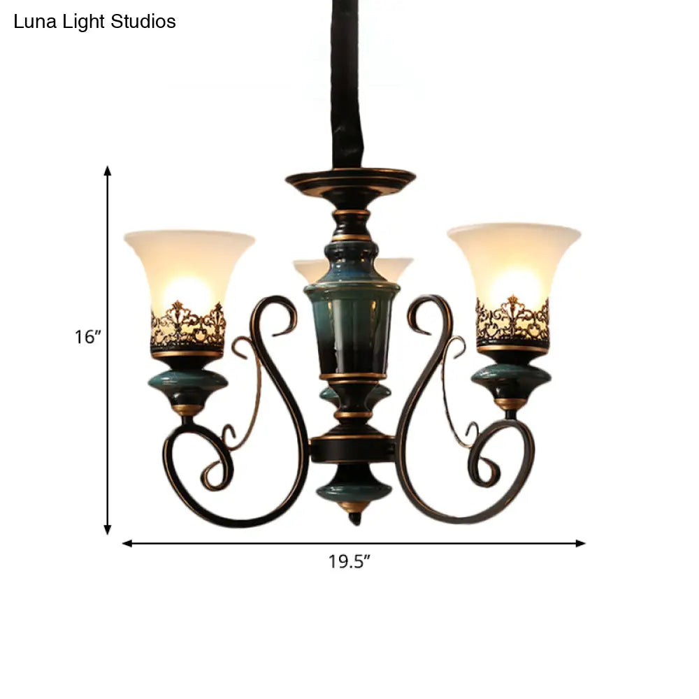 Rustic Black-Gold Chandelier With Bell Shade And Opal Glass Perfect For Guest Rooms (3/5/6-Bulb)
