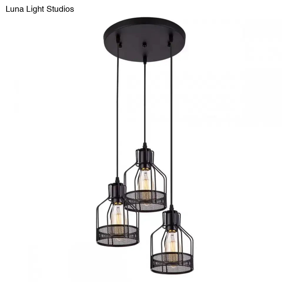 Rustic Black Iron 3-Light Bottle Frame Multi-Pendant Ceiling Hang Light For Dining Room