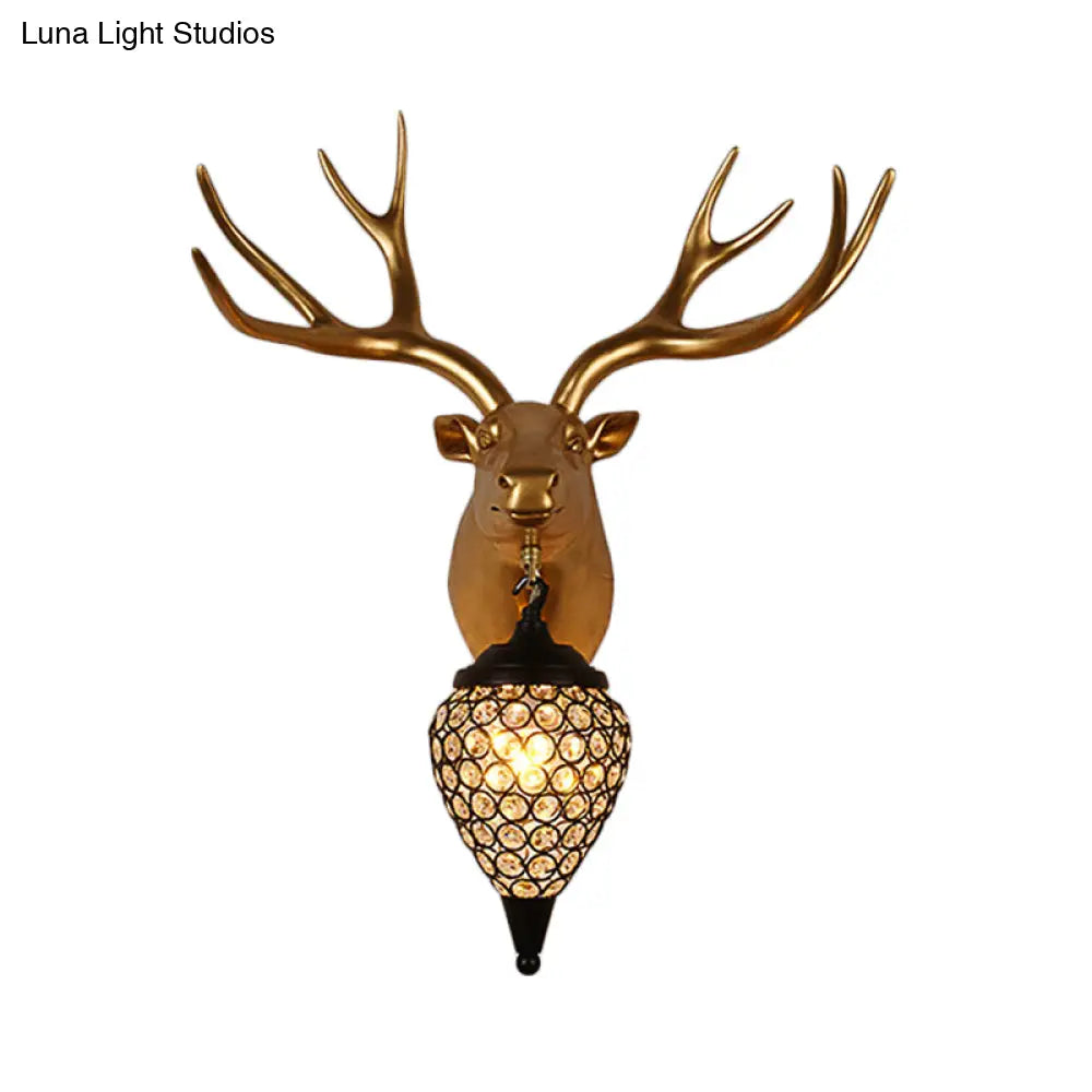Rustic Black Raindrop Wall Mounted Crystal Lamp With Horse/Deer Head - Bedside Sconce