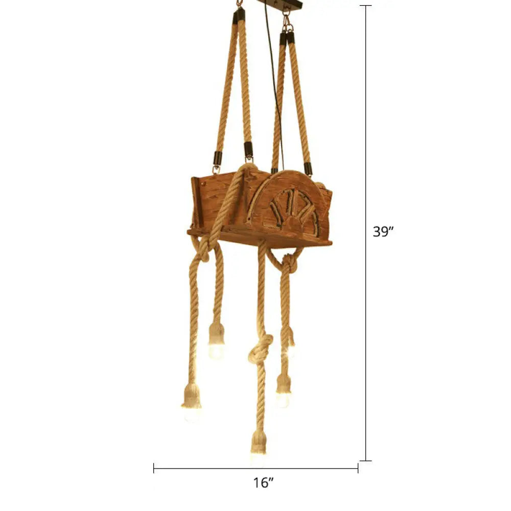 Rustic Brown Naked Bulb Pendant Light - Restaurant Suspension Lamp With Rope Fixture / Wheel
