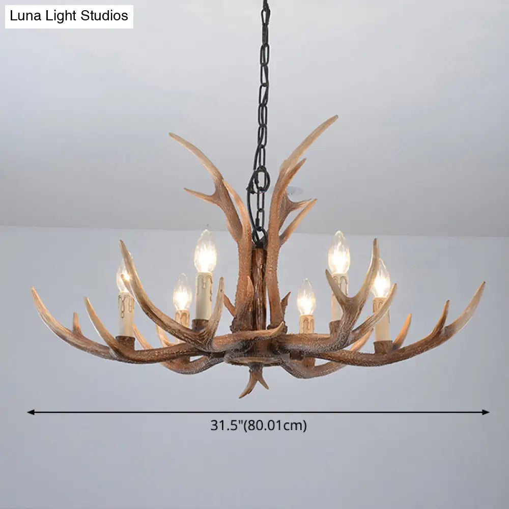 Rustic Brown Resin Antler Chandelier Ceiling Light With Candle Design - Authentic Look
