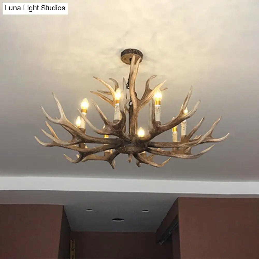 Rustic Brown Resin Antler Chandelier Ceiling Light With Candle Design - Authentic Look