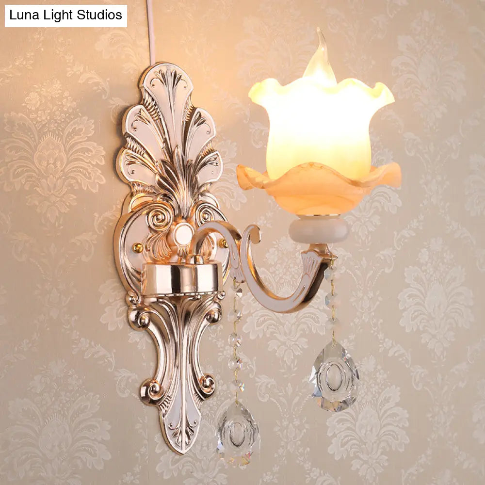 Rustic Bud Wall Light With Ruffle Glass And Crystal Draping In Weathered Zinc - Vintage Mount