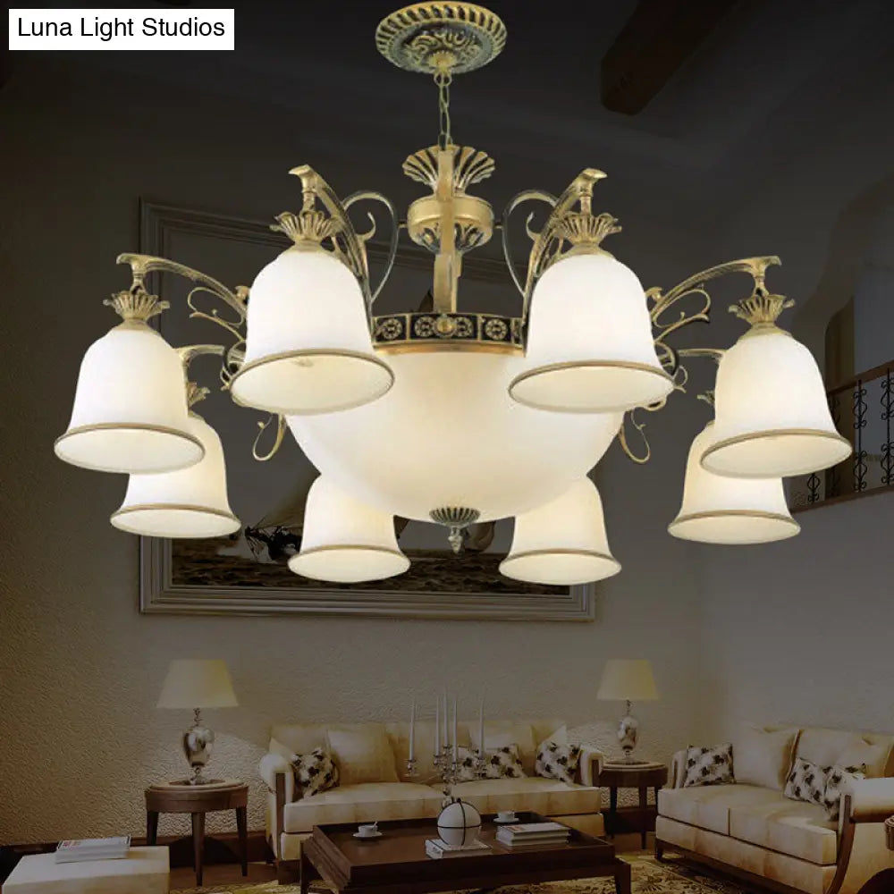 Rustic Carillon Chandelier Lighting - 11-Head White Glass Fixture In Brass