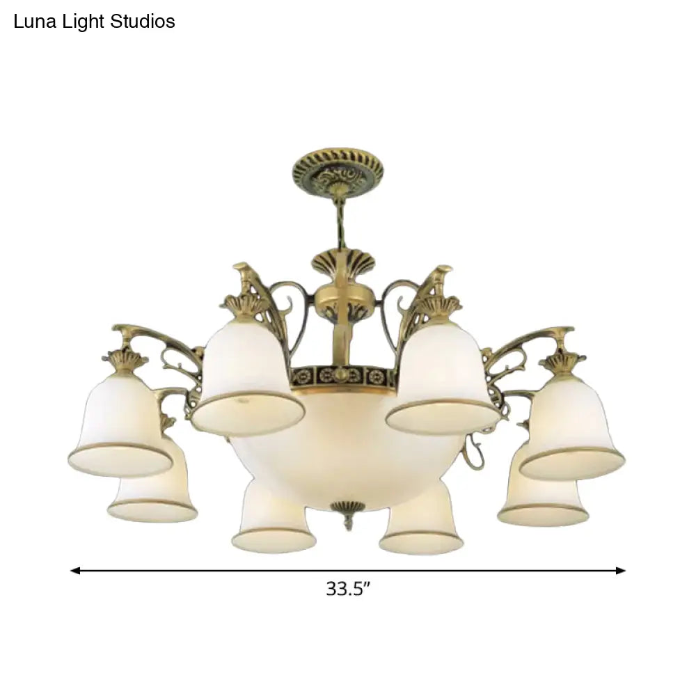 Rustic Carillon Chandelier Lighting - 11-Head White Glass Fixture In Brass