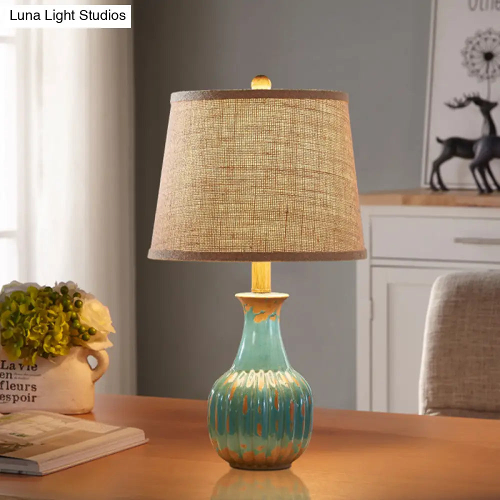 Rustic Ceramic Night Light: 1-Light Red/Blue Vase Lamp For Bedroom Nightstand With Stylish Fabric